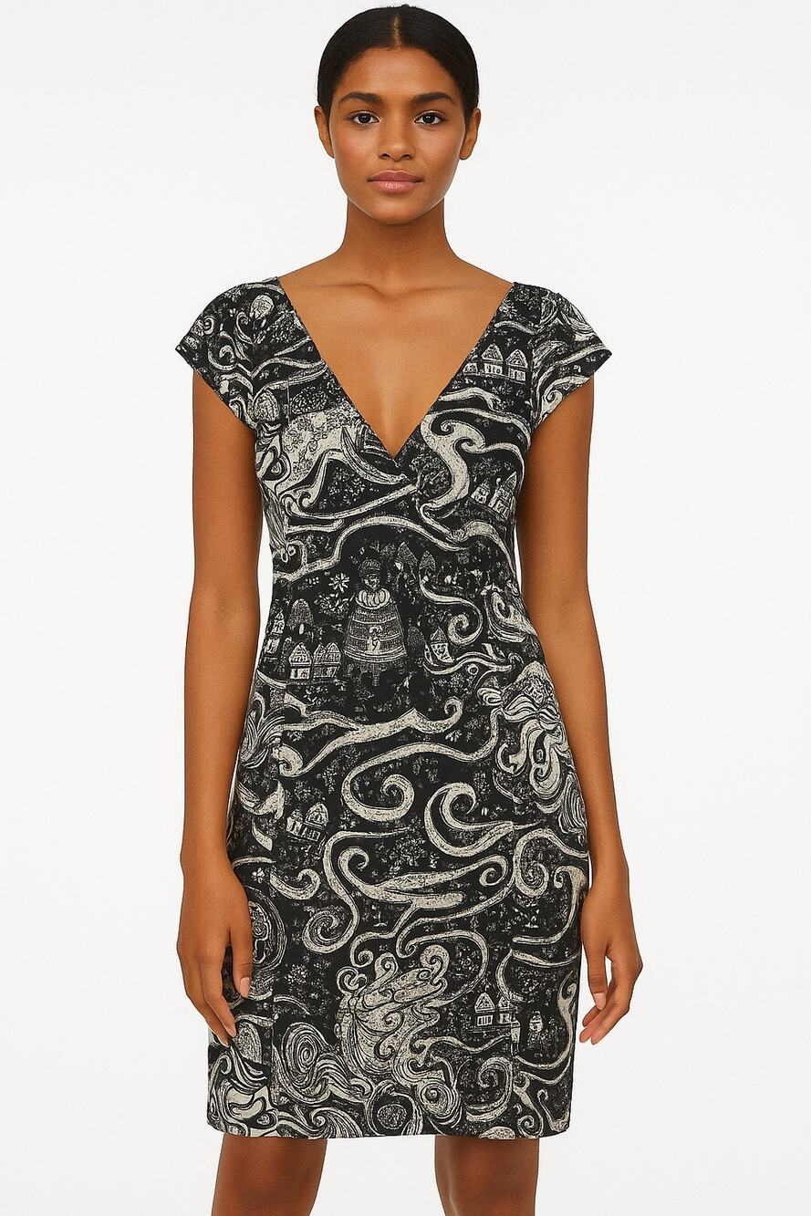 Moulinette Soeurs Anthropologie Black/White Swirling Villages V neck Dress 2